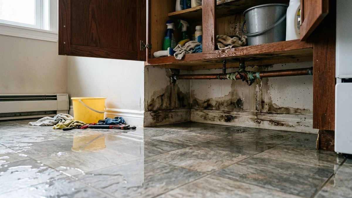 Water pooling on a residential home floor after a plumbing pipe rupture in Orlando.