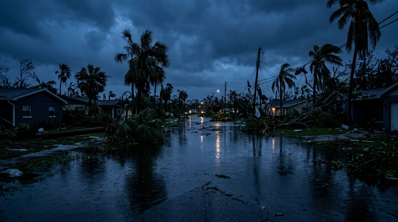 Flooded and storm damaged Orlando street after heavy hurricane weather