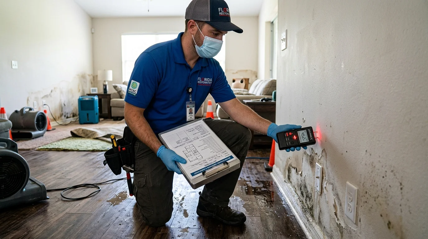 An IICRC certified restoration technician assessing water damage repair costs with moisture meters in an Orlando home.