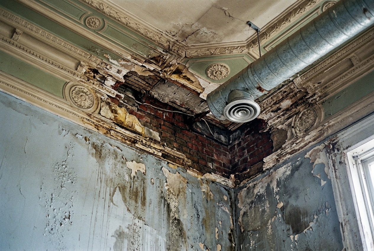 Water damage restoration in Orlando FL - ceiling and wall water damage before repair