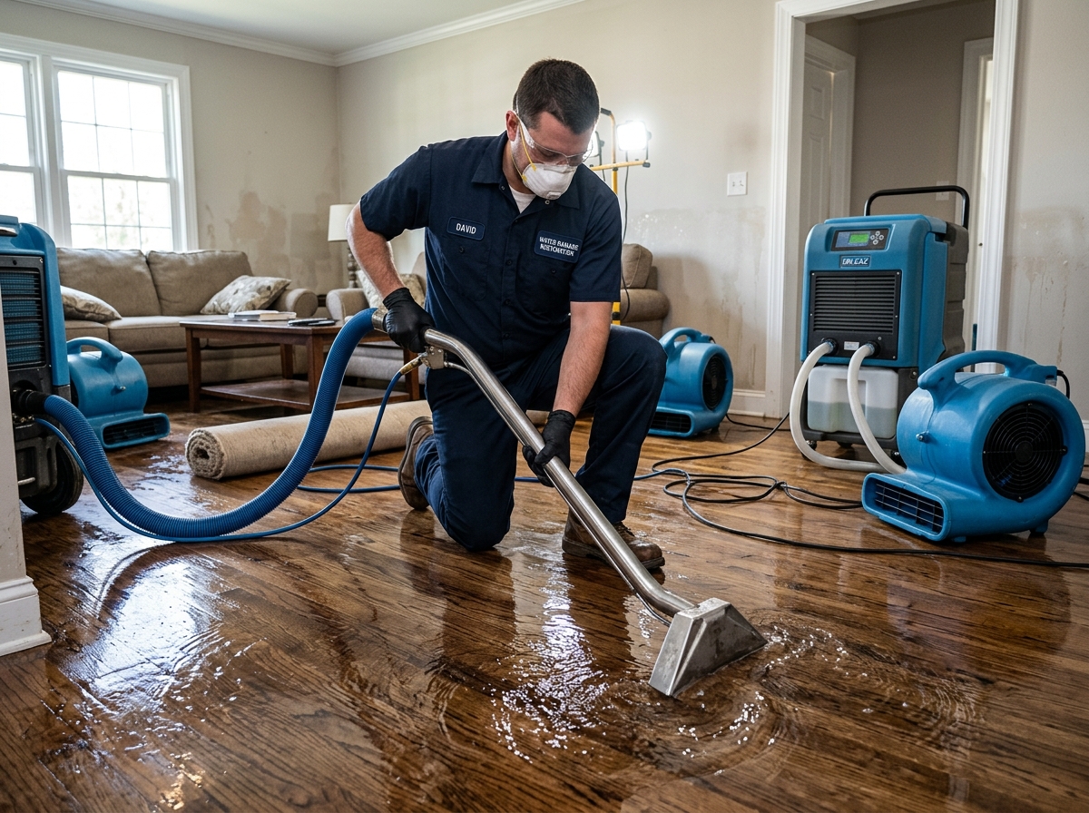 Professional water damage restoration technician extracting standing water from a flooded floor with commercial water extraction equipment in Orlando